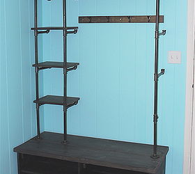 pipe shelves and diy bench for a mini mudroom, chalk paint, laundry rooms, organizing, shelving ideas, The pipe shelves weren t too difficult would ve been easier with an actual plan