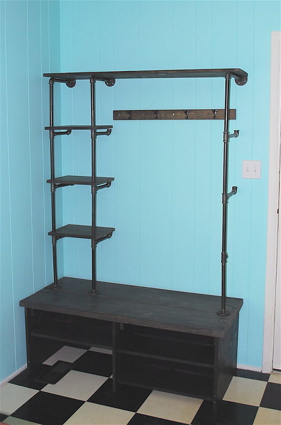pipe shelves and diy bench for a mini mudroom, chalk paint, laundry rooms, organizing, shelving ideas, The pipe shelves weren t too difficult would ve been easier with an actual plan