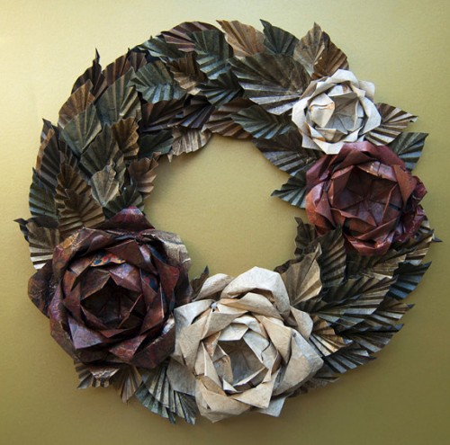 soulful handmade halloween decorations made with love, crafts, halloween decorations, seasonal holiday decor, wreaths, Rustic Antique Gold Origami Paper Wreath by Lusine from Etsy