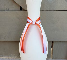 bowling pin ghosts, crafts, halloween decorations, painting, seasonal holiday decor, I painted each bowling white using Annie Sloan Chalk Pain in Old White Once it was dried I tied a ribbon onto each one
