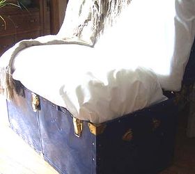 repurposing trunks one of my favourite things to do, Sette Create an inner skeleton add a bench seat in there that flips up 6 inch foam on the base 4 on the back covered with a lot of fluffy stuffing then some great fabric Storage bench settee