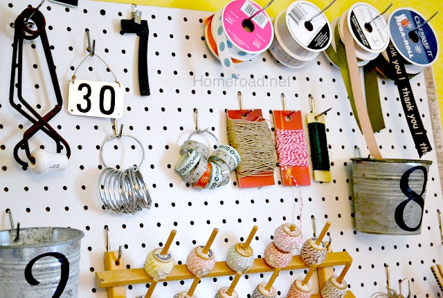pegboard organization for the craft room, craft rooms, organizing, Spools wrapped cards buckets and tape are all hung within reach