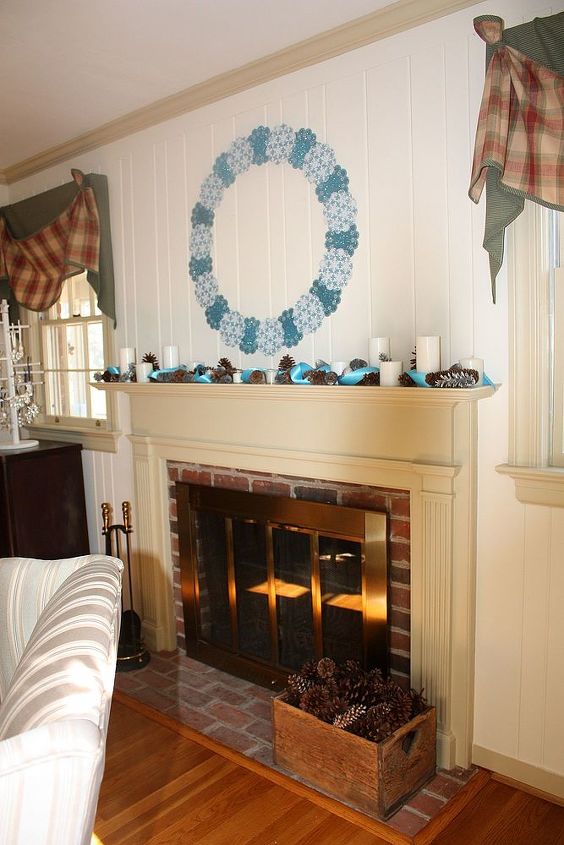winter mantel, fireplaces mantels, living room ideas, seasonal holiday decor, wreaths, Our winter mantel