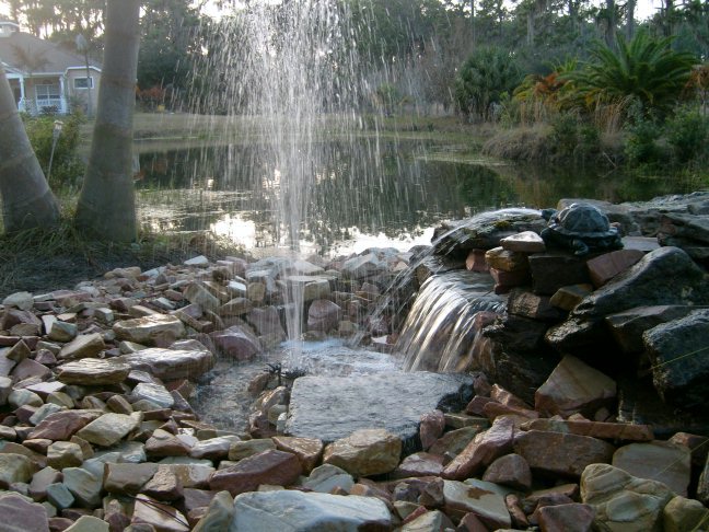water feature on a natural pond, decks, landscape, outdoor living, ponds water features