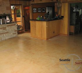 designer metallic epoxy dining room entry and bath, concrete masonry, dining room ideas, flooring, foyer, The original worn terrazzo in the dining area had been colored at some point