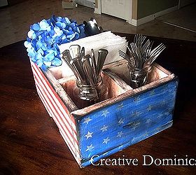 diy patriotic silverware and napkin caddy, crafts, patriotic decor ideas, seasonal holiday decor, Some brown paint rubbed on with a wet paper towel and a black ink pad rubbed all over and your done Have an awesome 4th of july