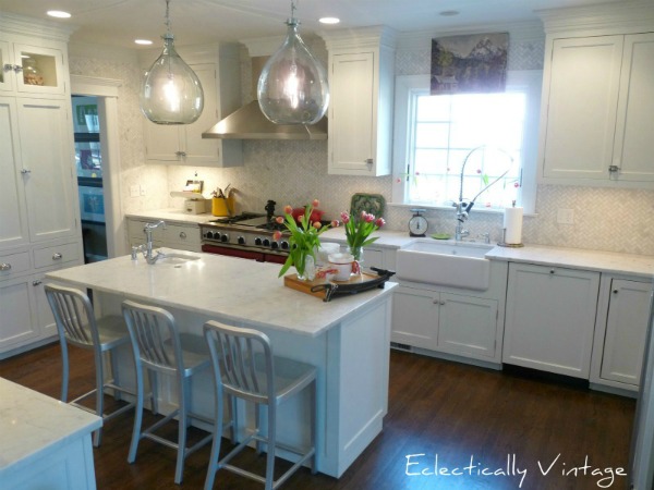 tips on creating a vintage modern kitchen, home decor, kitchen backsplash, kitchen design, White cabinets and marble counters never go out of style See entire kitchen here