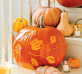 pumpkin carving ideas inspiration, seasonal holiday d cor, thanksgiving decorations, Instead of carving etch a simple fall inspired design around the side