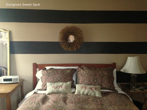 contact paper stripe feature wall, bedroom ideas, home decor, paint colors, wall decor, I love our new striped feature wall I used regular contact paper and painted on top of it to make the stripes