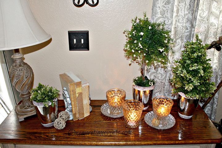 adding topiaries and 2 different vignettes, gardening, home decor, adding Mercury Glass candle holders and saucers