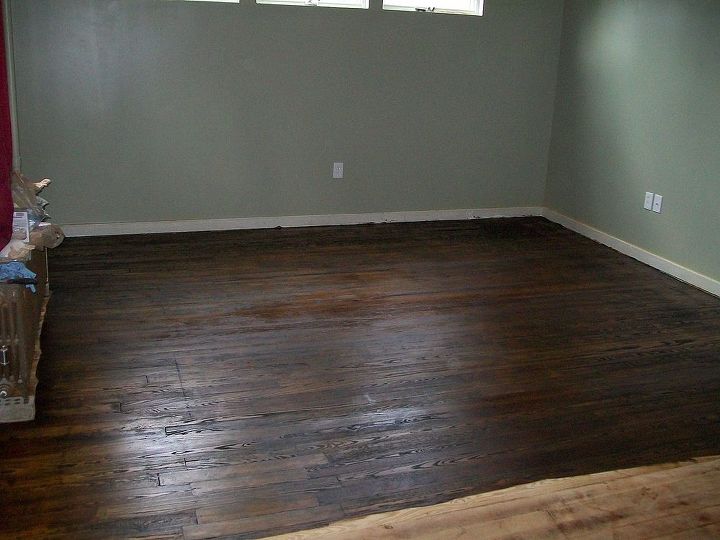 hardwood floors, flooring, hardwood floors, Finally time to stain I choose a dark color because the rooms are so large and house is bright so I was hoping for a cozy feel It also hides many imperfections even if a distressed look is inevitable
