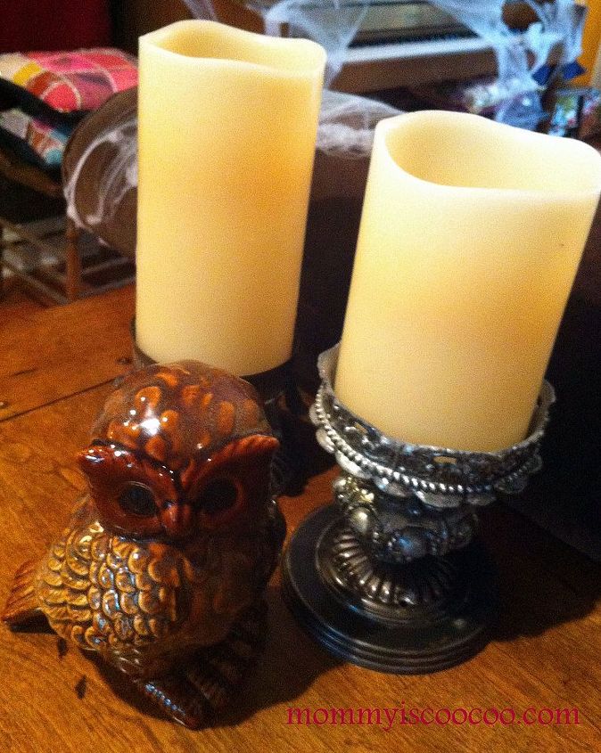 10 fun and really inexpensive halloween decorating ideas, crafts, halloween decorations, seasonal holiday decor, Upcycled light fixtures make great candle holders with a cute owl