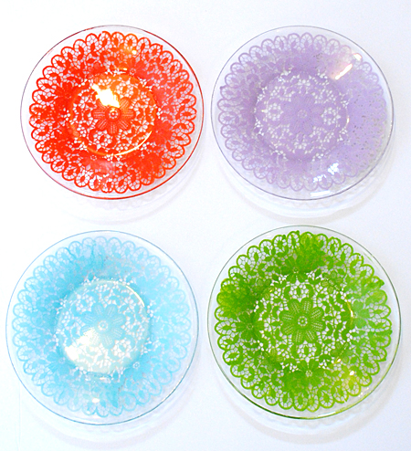 make some painted doily plates, crafts, home decor, 4 Painted plates in bright fun colors Great for Dessert