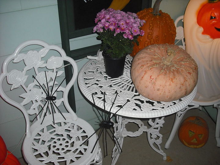 my halloween decorating so far, curb appeal, flowers, halloween decorations, seasonal holiday decor, See my pinkish pumpkine bistro set went out back and bench came in front