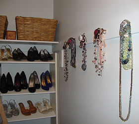 walk in master bedroom closet, cleaning tips, closet, organizing, Built in shoe organizer with knob jewelry organization