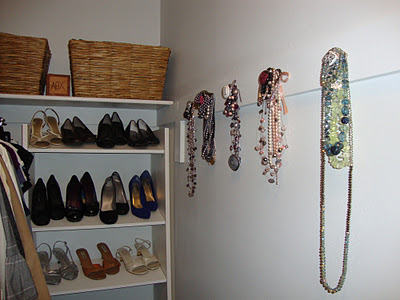 walk in master bedroom closet, cleaning tips, closet, organizing, Built in shoe organizer with knob jewelry organization
