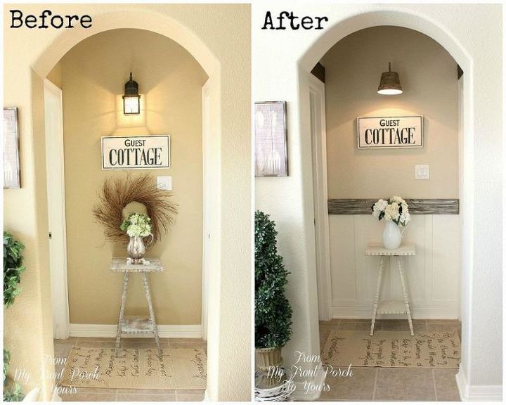 inexpensive diy wainscoting fix, diy, foyer, wall decor, Before After of the small hallway into our guest bedroom