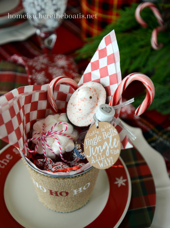 tis the season for hot cocoa tablescape, christmas decorations, seasonal holiday decor, Little burlap Ho Ho Ho tins from the dollar bin at Target ideal for individual buckets of fun to serve and include additions to your Candy Cane Cocoa Mix for a party or gift giving