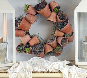 flower pot wreath, crafts, diy, flowers, gardening, how to, succulents, wreaths, This sweet flower pot wreath is nestled in a little nook in my kitchen that doesn t get much natural light so faux succulents are perfect here