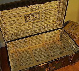upcycled trunk with upholstered seat, diy, painted furniture, repurposing upcycling, The inside was re papered with sheet music I used mod podge for this Tip dampen the paper with a paint brush and water before you glue it down and you ll get fewer wrinkles