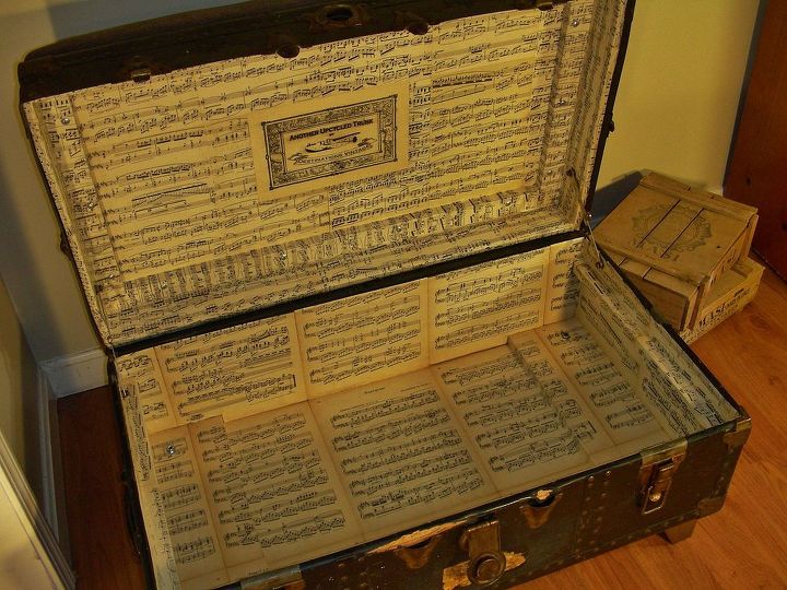 upcycled trunk with upholstered seat, diy, painted furniture, repurposing upcycling, The inside was re papered with sheet music I used mod podge for this Tip dampen the paper with a paint brush and water before you glue it down and you ll get fewer wrinkles