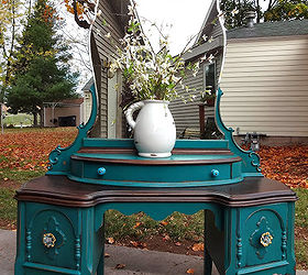 refinished antique vanity in teal, painted furniture