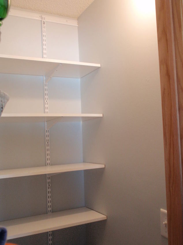 coat closet made into a simple walkin pantry, closet, storage ideas, Back shelfing view Hard to even see the color of paint Looking great so far