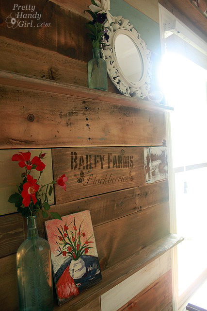 scrap and pallet wood wall in our art amp craft room, craft rooms, home decor, shelving ideas, Built in ledges for artwork