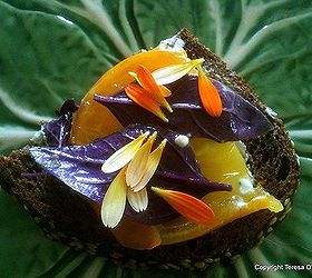 fun ways to eat and drink edible flowers, flowers, gardening, Calendula officinalis has been enjoyed in the kitchen for centuries Here it s served with Amethyst basil and orange tomatoes on black bread Get more calendula recipes in this post