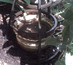 copper birdbath on wrot iron stand 10 floating solar fountain 25 brass, gardening, ponds water features, Someone had used it to hold a potted plant