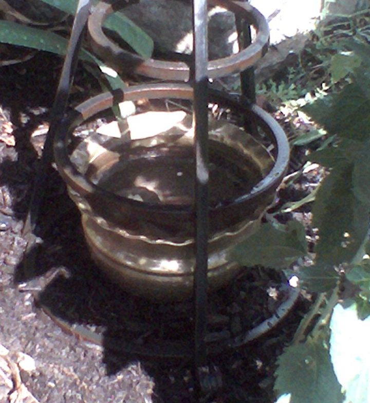 copper birdbath on wrot iron stand 10 floating solar fountain 25 brass, gardening, ponds water features, Someone had used it to hold a potted plant