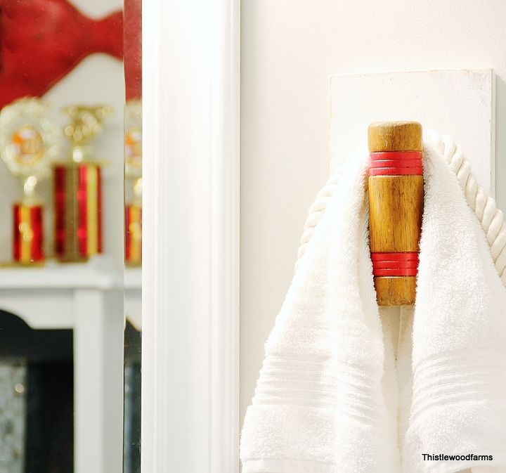 looking for a fun idea for a diy hook, repurposing upcycling, Croquet Mallet Hook on display in the upstairs bathroom Perfect size for holding towels