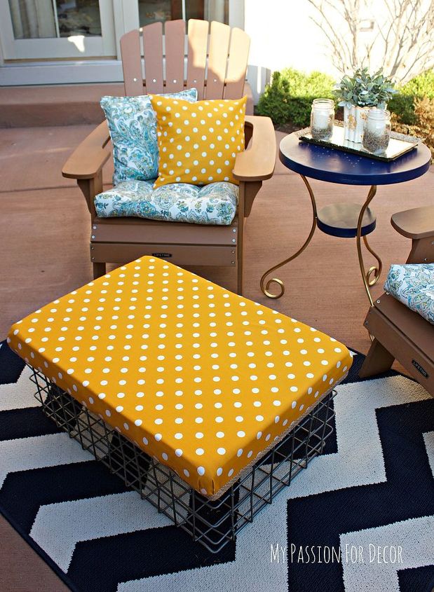 bright and sunny outdoor fabric ottoman, outdoor furniture, outdoor living, painted furniture, reupholster