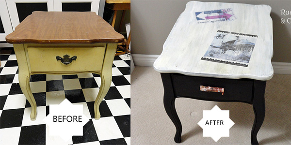 my end table makeover, painted furniture, rustic furniture, The before and after photos side by side