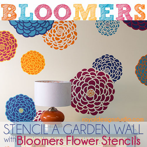 how to stencil pretty zinnia flower stencils, diy, home decor, painting, wall decor, How to stencil a garden wall with Bonnie Christine s Bloomers Flower Stencil set for Royal Design Studio Stencils