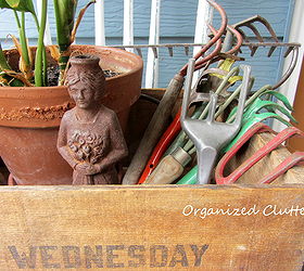 new finds and a new outdoor vignette, flowers, gardening, outdoor living, repurposing upcycling, The hand tools join the rest of collection in the raisin crate