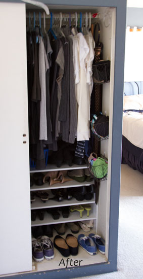 tips for organizing your house, organizing, After shot of the clothes closet Shoes are all organized on shelves
