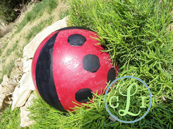 ladybug and gazing balls from a bowling ball, gardening, repurposing upcycling, This bowling ball got a spray paint job and became a lady bug isn t she adorable D