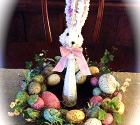happy spring, chalkboard paint, crafts, decoupage, easter decorations, seasonal holiday decor, wreaths, Wreath I had purchased several years ago Milk glass vase from Goodwill purchased for 2 00 and stick bunny from Hobby Lobby for 4 00 Total 6 00