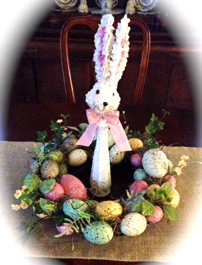 happy spring, chalkboard paint, crafts, decoupage, easter decorations, seasonal holiday decor, wreaths, Wreath I had purchased several years ago Milk glass vase from Goodwill purchased for 2 00 and stick bunny from Hobby Lobby for 4 00 Total 6 00