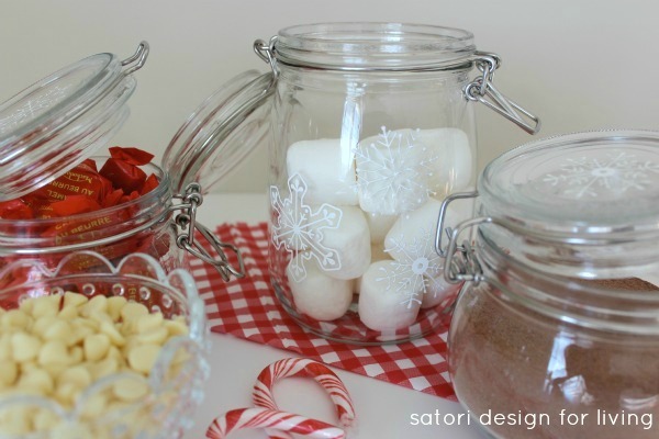 diy snowflake glass canisters, crafts, seasonal holiday decor, Use jars to hold holiday treats such as a hot cocoa bar