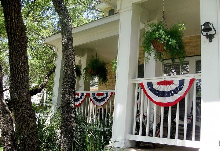a patriotic porch, curb appeal, patriotic decor ideas, porches, seasonal holiday decor, wreaths, Bunting was hung