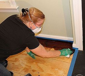 laying plywood floors, flooring, woodworking projects, Staining with Minwax Red Mahogany stain