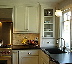 kitchen cabinetry, home decor, kitchen design, kitchen island, another view of the sink wall honed granite with a fireclay sink