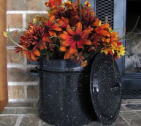 frugal fall decorating, crafts, flowers, repurposing upcycling, seasonal holiday decor, Bunches of 1 flowers in an old granite pot
