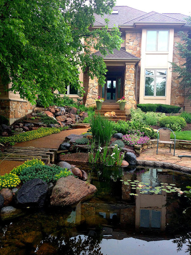 front yard water feature, gardening, outdoor living, ponds water features, A waterfall starts to the left of the front entrance and curves into the pond at right