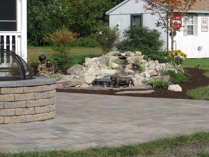 aquascape pondless and ephenry paver patio with fire pit, concrete masonry, landscape, outdoor living, ponds water features, Plenty of room around the fire pit to entertain on the EpHenry paver patio