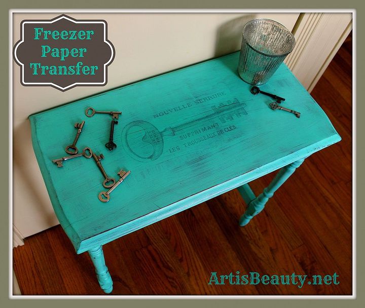 freezer paper transfer french key table in turquoise, painted furniture