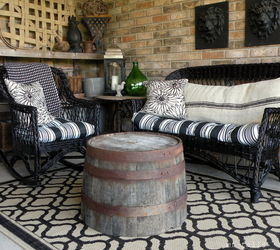 diy spray paint wicker furniture using half wine barrels as tables, painted furniture, repurposing upcycling