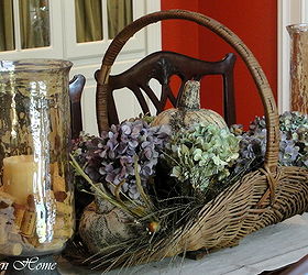 southern home fall tour, seasonal holiday d cor, wreaths, Thrift store basket used with dried hydrangeas burlap pumpkins and craft store fall picks